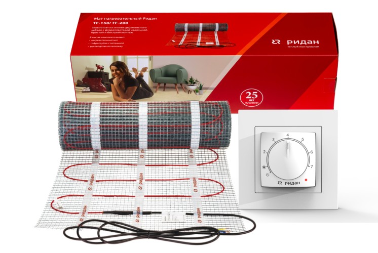 Ridan 21RT1014R — Розничный комплект для теплого пола: нагревательный мат Ridan TF-150 12 м² с терморегулятором Ridan Twist (белый)