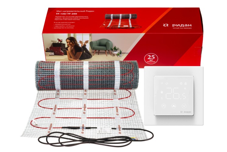 Ridan 21RT1049R — Розничный комплект для теплого пола: нагревательный мат Ridan TF-150 2,5 м² с терморегулятором Ridan Clever (черный)