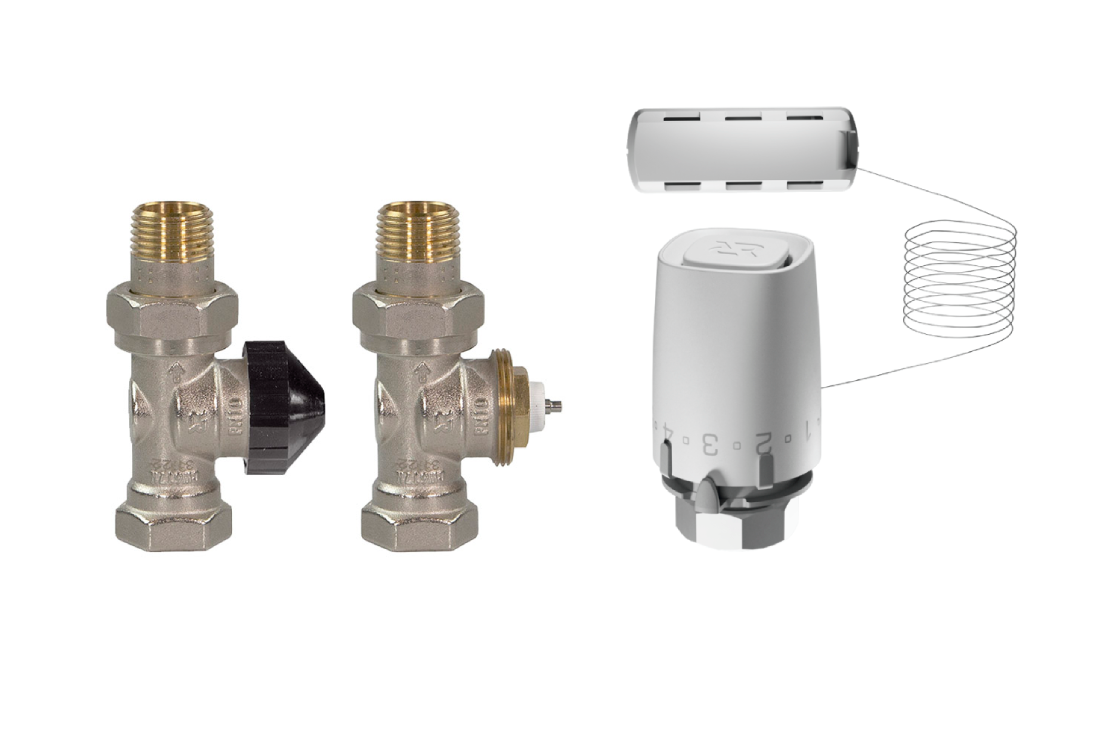 Комплект для двухтрубной системы отопления для радиаторов или конвекторов отопления с боковым подключением: клапан терморегулирующий 013G7014R (Ду15, прямой) + термостатический элемент с выносным датчиком 003G9006R (присоединение М30х1,5)