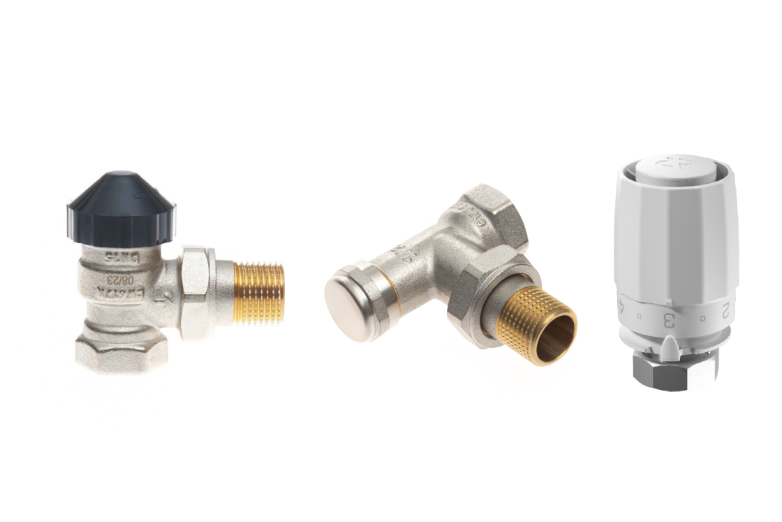 Комплект для двухтрубной системы отопления: клапан терморегулирующий 013G7015R + клапан запорный угловой 003L0145R + термостатический элемент 003G8001R (присоединение М30х1,5)