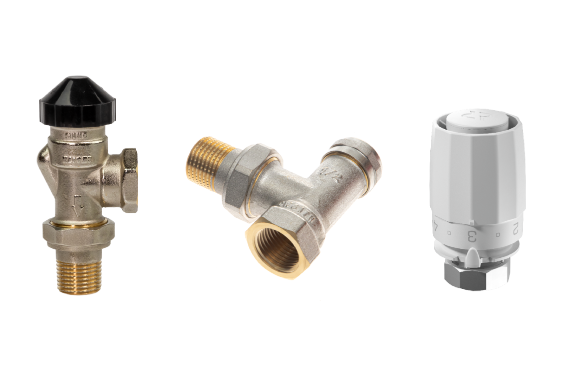 Комплект для двухтрубной системы отопления: клапан терморегулирующий 013G7048R + клапан запорный угловой 003L0143R + термостатический элемент 003G8001R (присоединение М30х1,5)