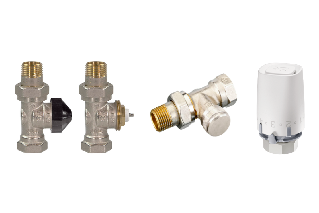 Комплект для двухтрубной системы отопления: клапан терморегулирующий 013G7014R + клапан запорный прямой 003L0144R + термостатический элемент 003G9001R (присоединение М30х1,5)